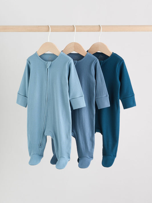 Blue 3 Pack Baby Two Way Zip Sleepsuits (0-2yrs)