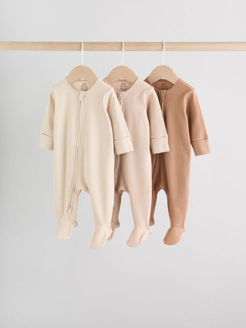 Beige Baby Two Way Zip Sleepsuits 3 Pack (0-2yrs) image 1