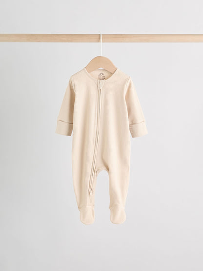 Beige Baby Two Way Zip Sleepsuits 3 Pack (0-2yrs) image 2