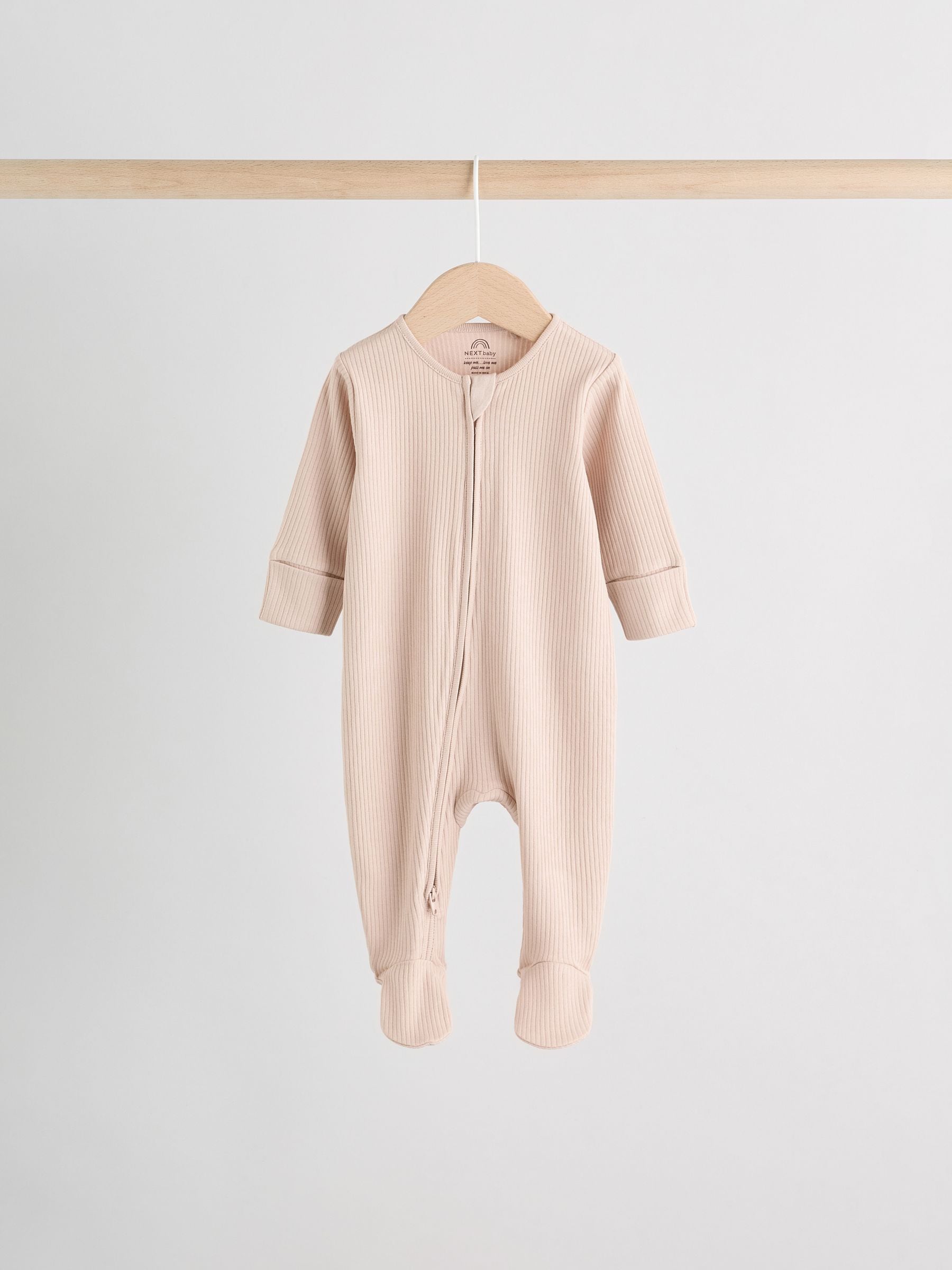 Beige Baby Two Way Zip Sleepsuits 3 Pack (0-2yrs) image 3