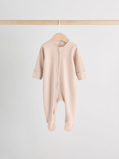 Beige Baby Two Way Zip Sleepsuits 3 Pack (0-2yrs) image 3