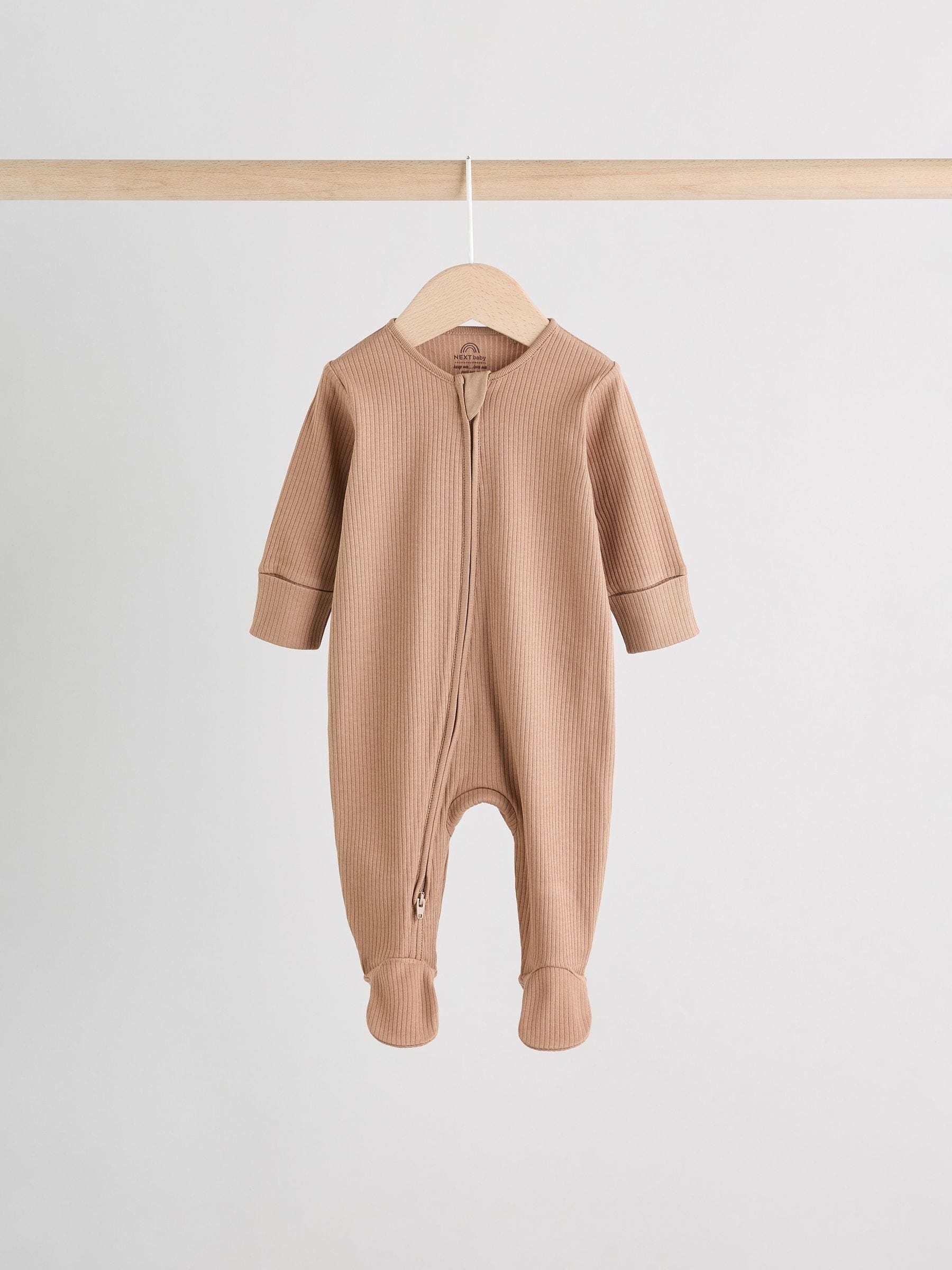 Beige Baby Two Way Zip Sleepsuits 3 Pack (0-2yrs) image 4