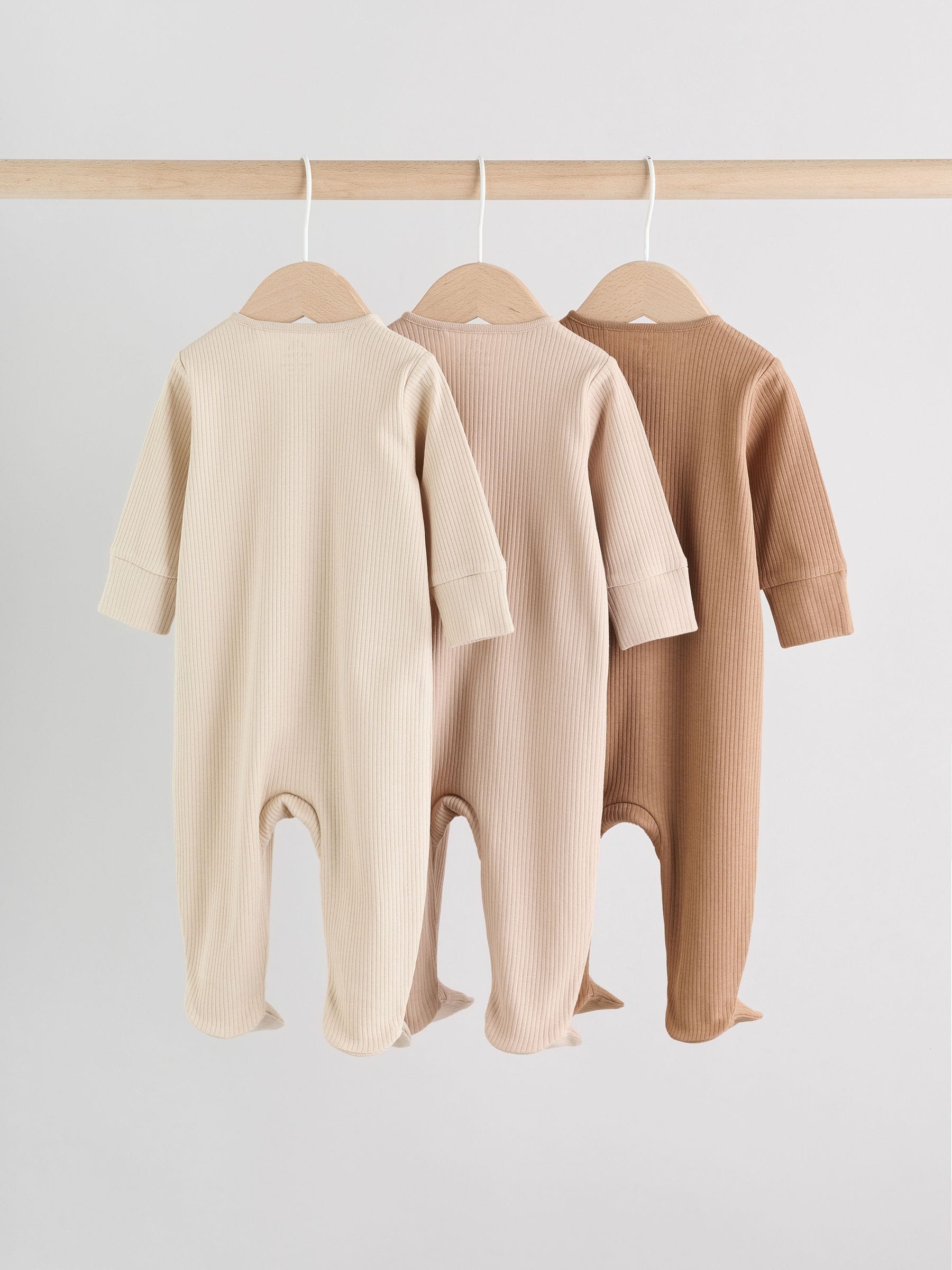 Beige Baby Two Way Zip Sleepsuits 3 Pack (0-2yrs) image 5