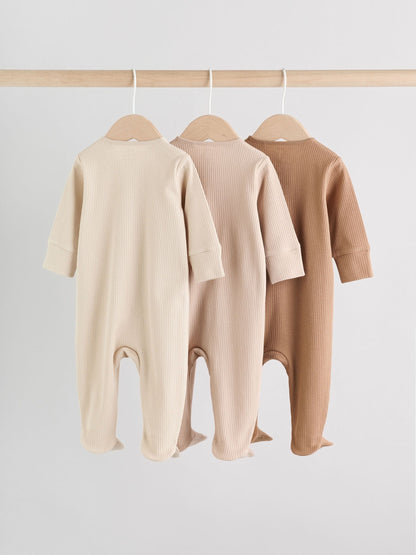 Beige Baby Two Way Zip Sleepsuits 3 Pack (0-2yrs) image 5