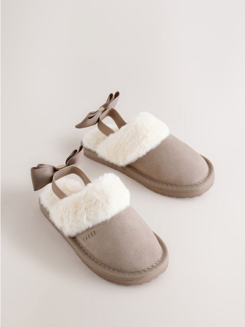 Baker by Ted Baker Girls Suede Faux Fur Mule Slippers with Bow image 1