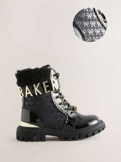 Baker by Ted Baker Girls Embossed Lace Up Chunky Black Boots image 1