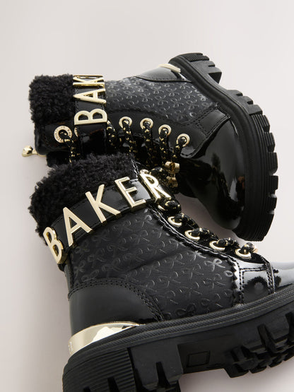 Baker by Ted Baker Girls Embossed Lace Up Chunky Black Boots image 3