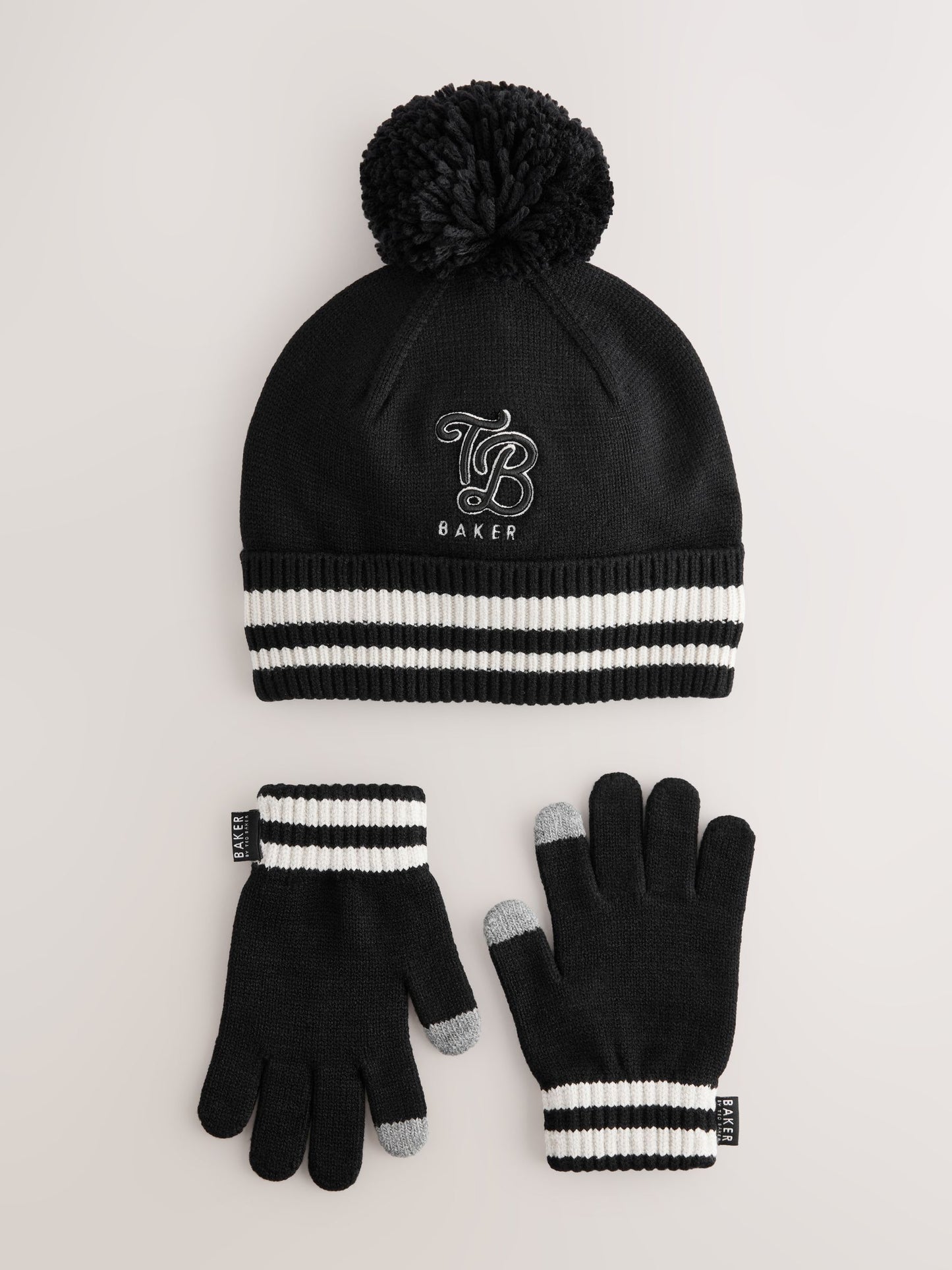 Baker by Ted Baker Boys Varsity Logo Pom Black Beanie and Gloves Set image 1