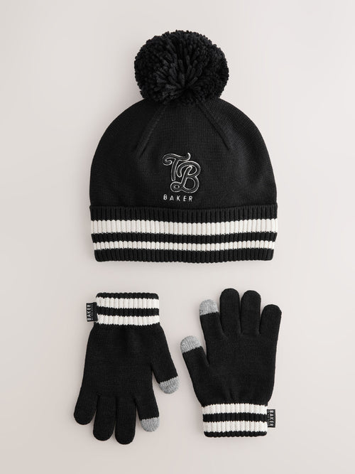 Baker by Ted Baker Boys Varsity Logo Pom Black Beanie and Gloves Set image 1