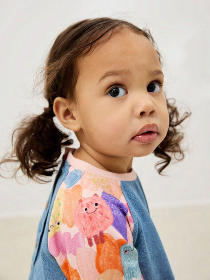 Pink Monster Raglan Denim Dress (3mths-8yrs)