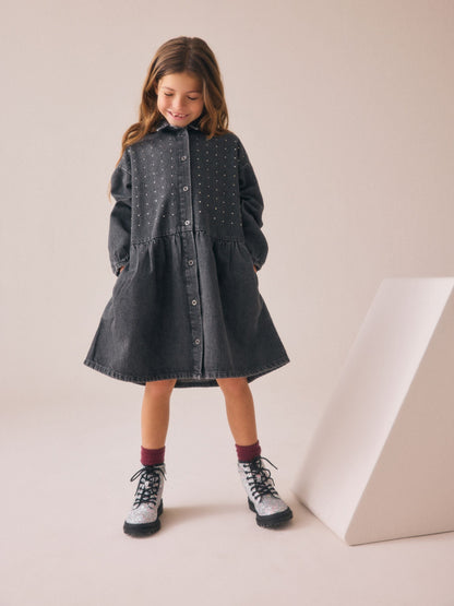 Washed Black Denim Diamante Shirt Dress (3-16yrs)