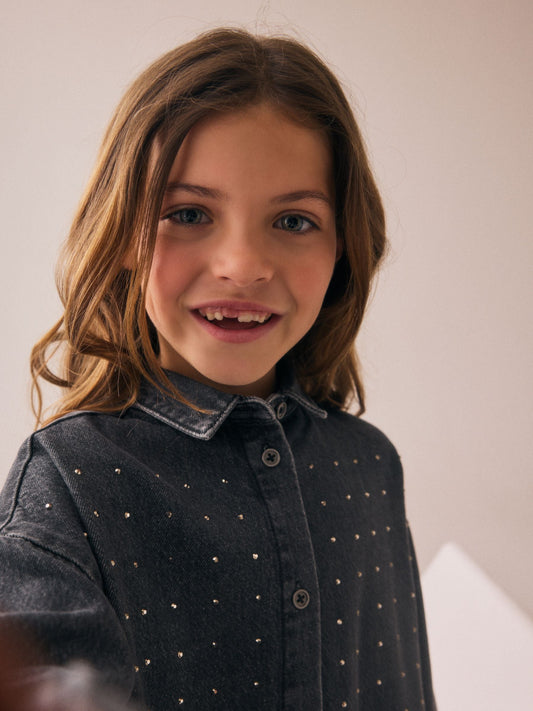 Washed Black Denim Diamante Shirt Dress (3-16yrs)