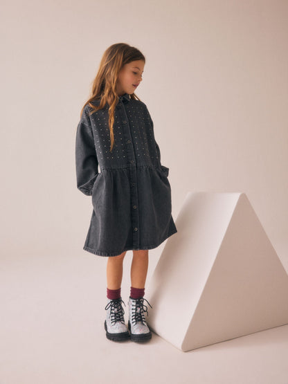 Washed Black Denim Diamante Shirt Dress (3-16yrs)