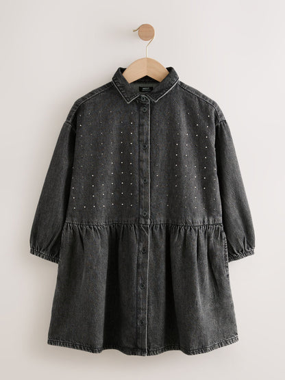 Washed Black Denim Diamante Shirt Dress (3-16yrs)
