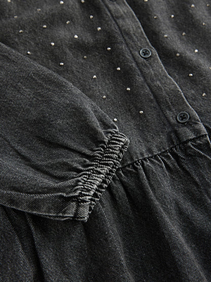 Washed Black Denim Diamante Shirt Dress (3-16yrs)