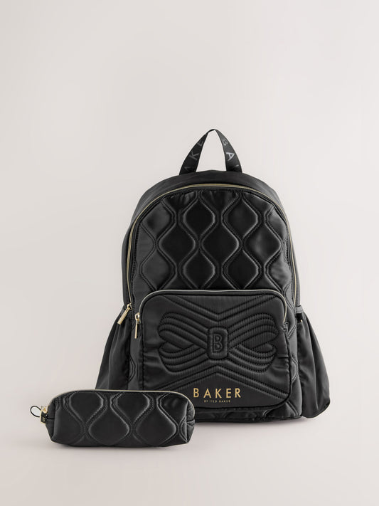 Baker by Ted Baker Girls Back To School Black Quilted Bow Backpack with Pencil Case image 1