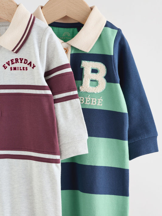 Blue/Green Striped Baby Collared Jersey Rompers 2 Pack image 3