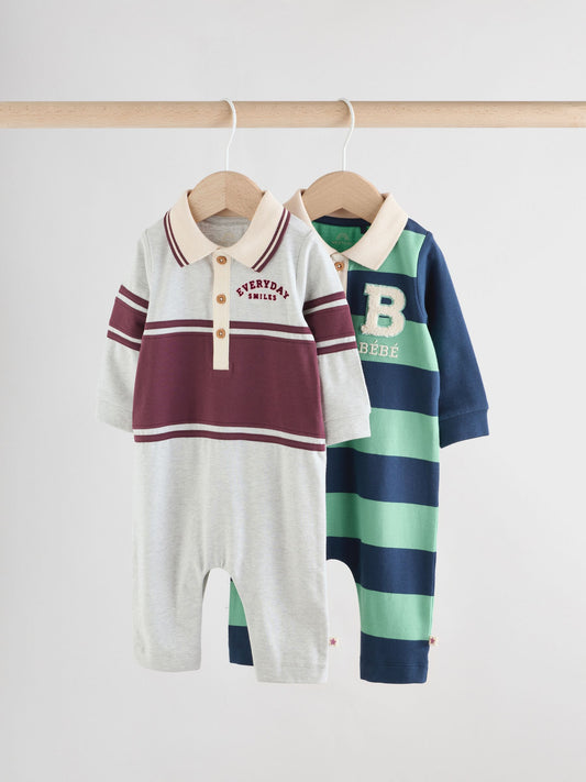Blue/Green Striped Baby Collared Jersey Rompers 2 Pack image 1