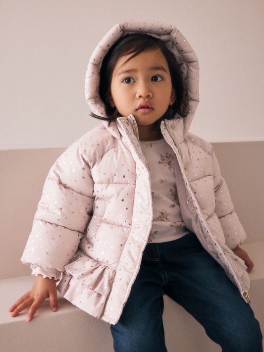 Pink Shower Resistant Padded Coat With Frill Hem (3mths-7yrs)