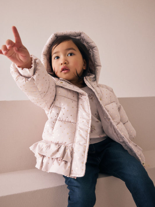 Pink Shower Resistant Padded Coat With Frill Hem (3mths-7yrs)