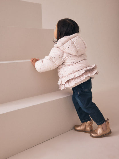Pink Shower Resistant Padded Coat With Frill Hem (3mths-7yrs)