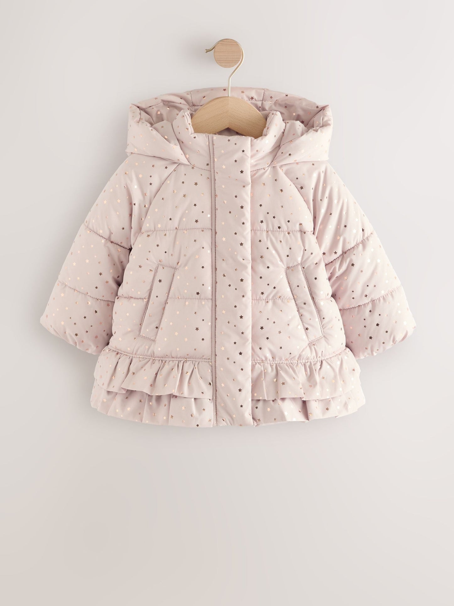 Pink Shower Resistant Padded Coat With Frill Hem (3mths-7yrs)