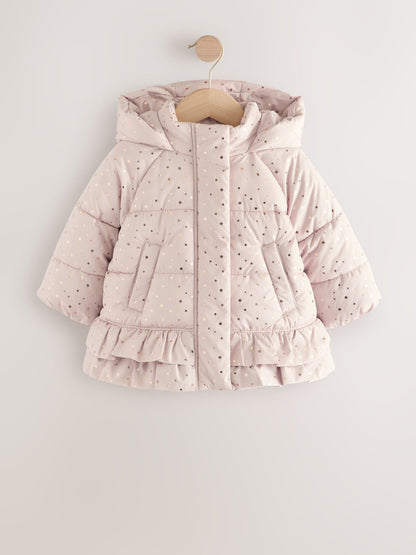 Pink Shower Resistant Padded Coat With Frill Hem (3mths-7yrs)