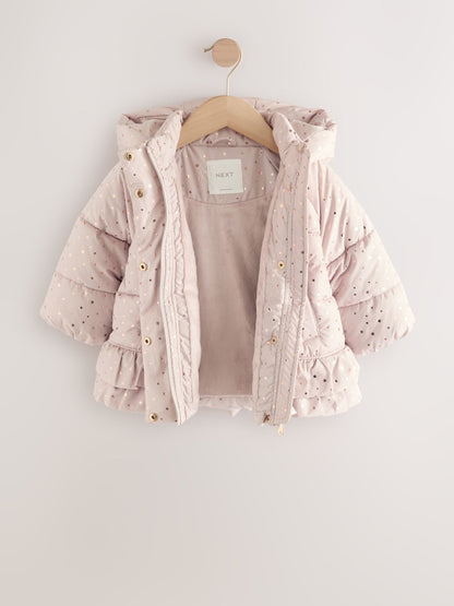 Pink Shower Resistant Padded Coat With Frill Hem (3mths-7yrs)