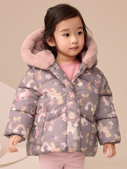 Damson Unicorn Shower Resistant Faux Fur Trim Padded Coat (3mths-7yrs)