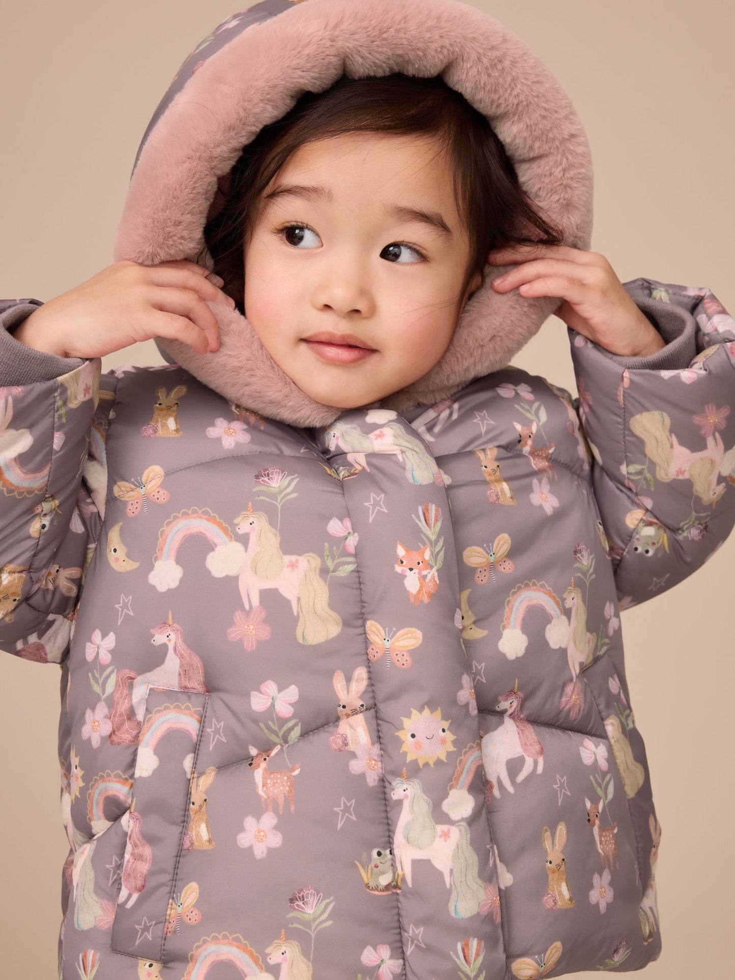 Damson Unicorn Shower Resistant Faux Fur Trim Padded Coat (3mths-7yrs)