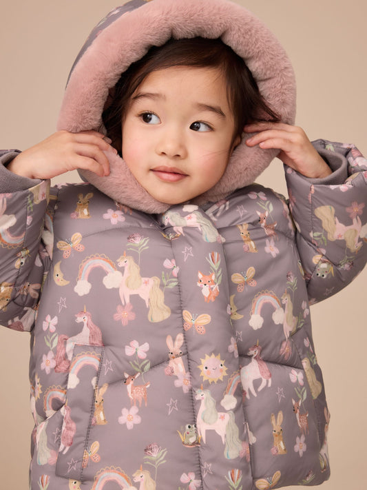 Damson Unicorn Shower Resistant Faux Fur Trim Padded Coat (3mths-7yrs)