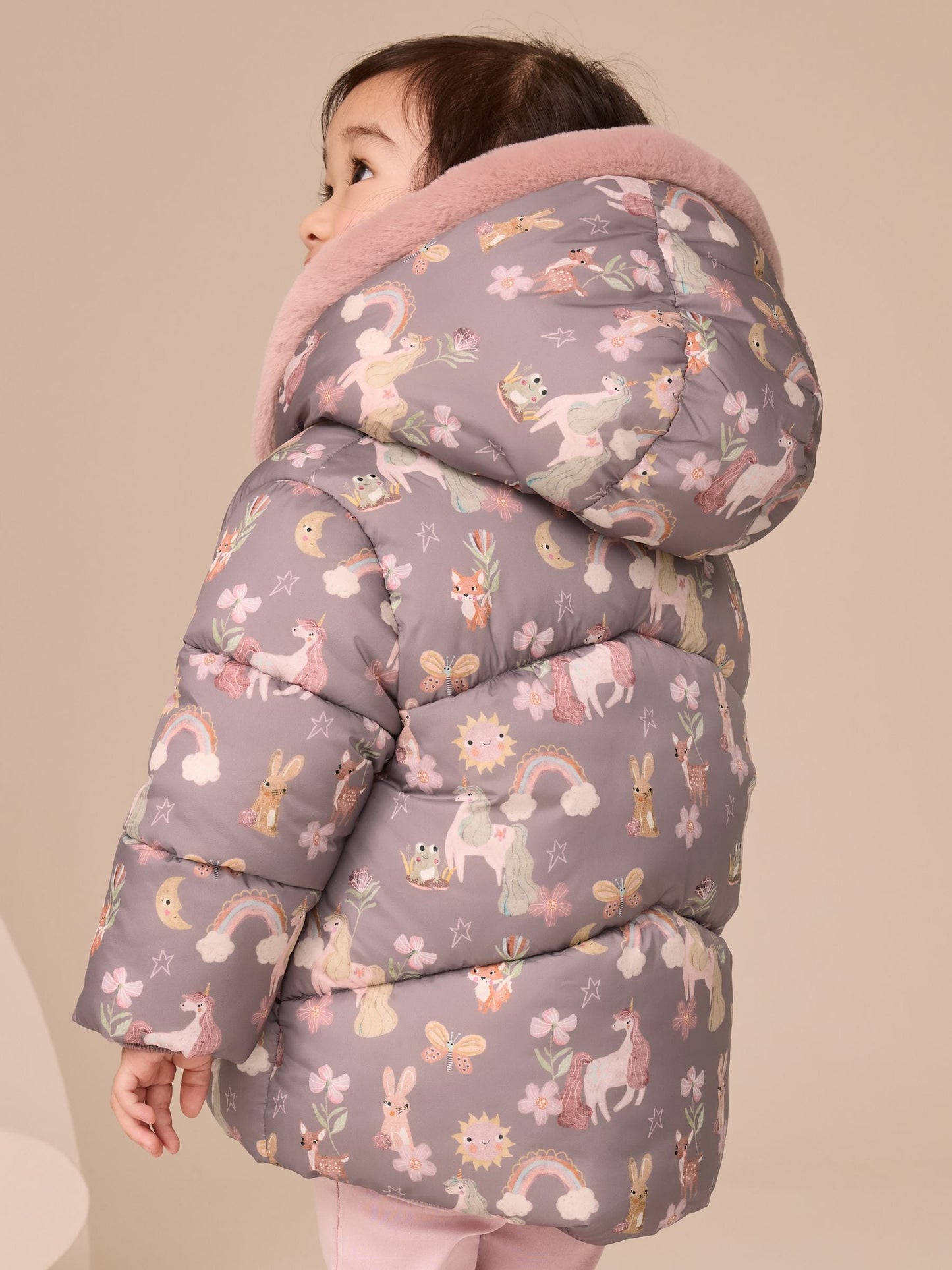 Damson Unicorn Shower Resistant Faux Fur Trim Padded Coat (3mths-7yrs)
