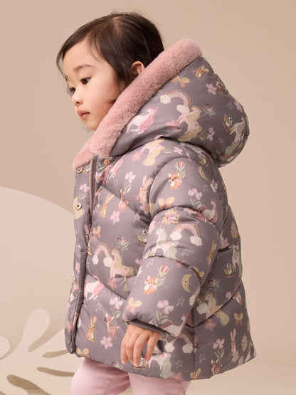 Damson Unicorn Shower Resistant Faux Fur Trim Padded Coat (3mths-7yrs)