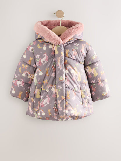 Damson Unicorn Shower Resistant Faux Fur Trim Padded Coat (3mths-7yrs)