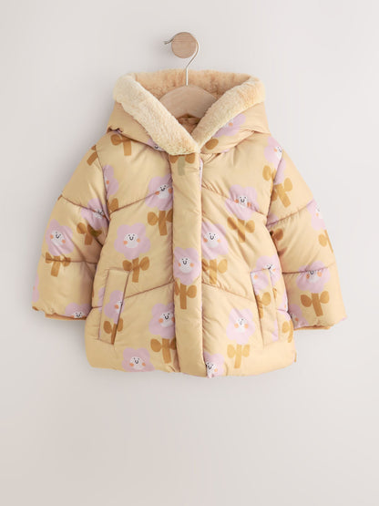 Ochre Yellow Shower Resistant Faux Fur Trim Padded Coat (3mths-7yrs)