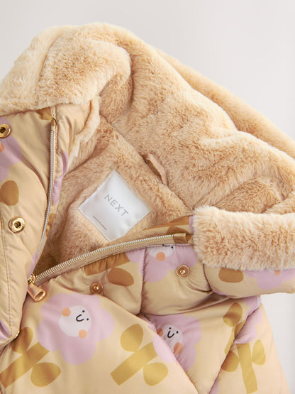 Ochre Yellow Shower Resistant Faux Fur Trim Padded Coat (3mths-7yrs)