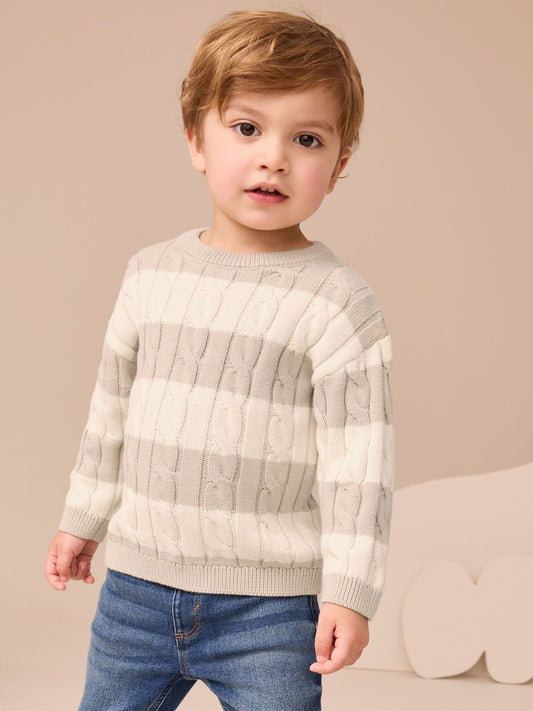 Neutral Stripe Cable Knit Crew Neck Jumper (3mths-7yrs)