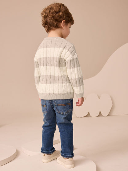 Neutral Stripe Cable Knit Crew Neck Jumper (3mths-7yrs)