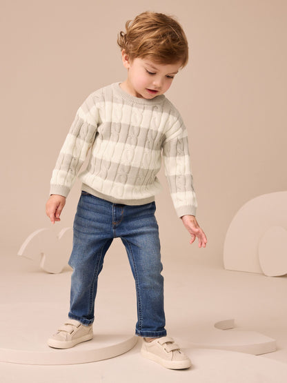 Neutral Stripe Cable Knit Crew Neck Jumper (3mths-7yrs)