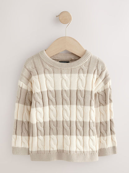 Neutral Stripe Cable Knit Crew Neck Jumper (3mths-7yrs)
