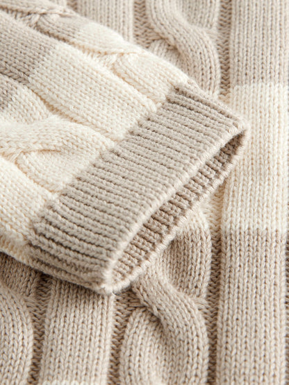 Neutral Stripe Cable Knit Crew Neck Jumper (3mths-7yrs)