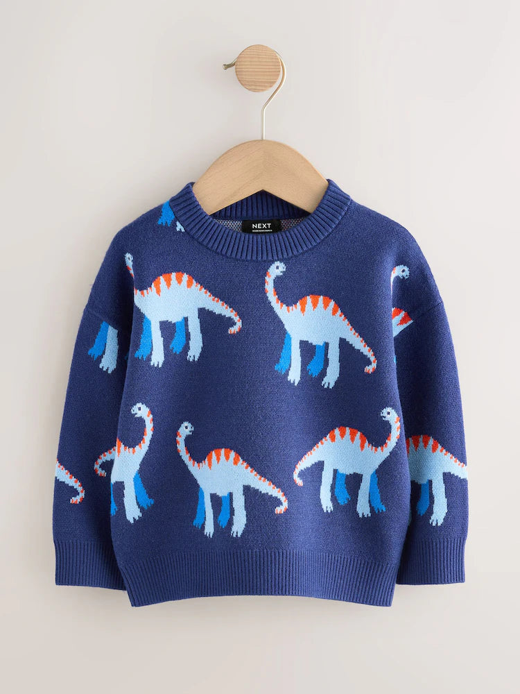 Blue Dinosaur Knitted Crew Neck Jumper (3mths-7yrs)