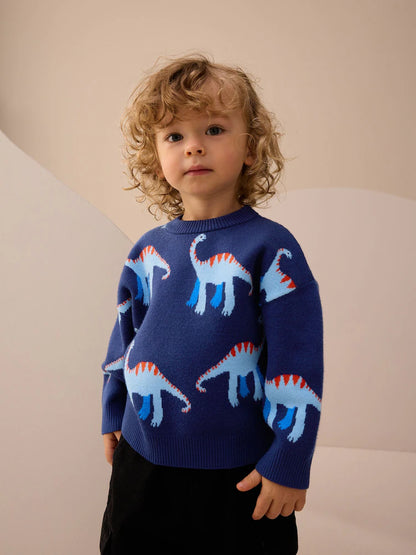 Blue Dinosaur Knitted Crew Neck Jumper (3mths-7yrs)