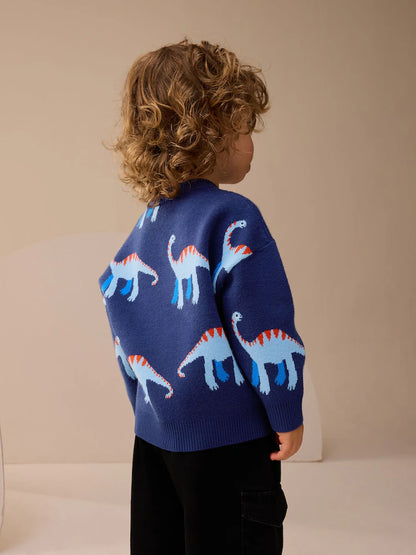 Blue Dinosaur Knitted Crew Neck Jumper (3mths-7yrs)