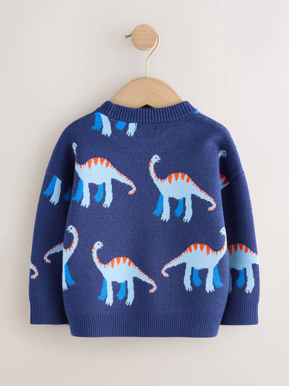 Blue Dinosaur Knitted Crew Neck Jumper (3mths-7yrs)