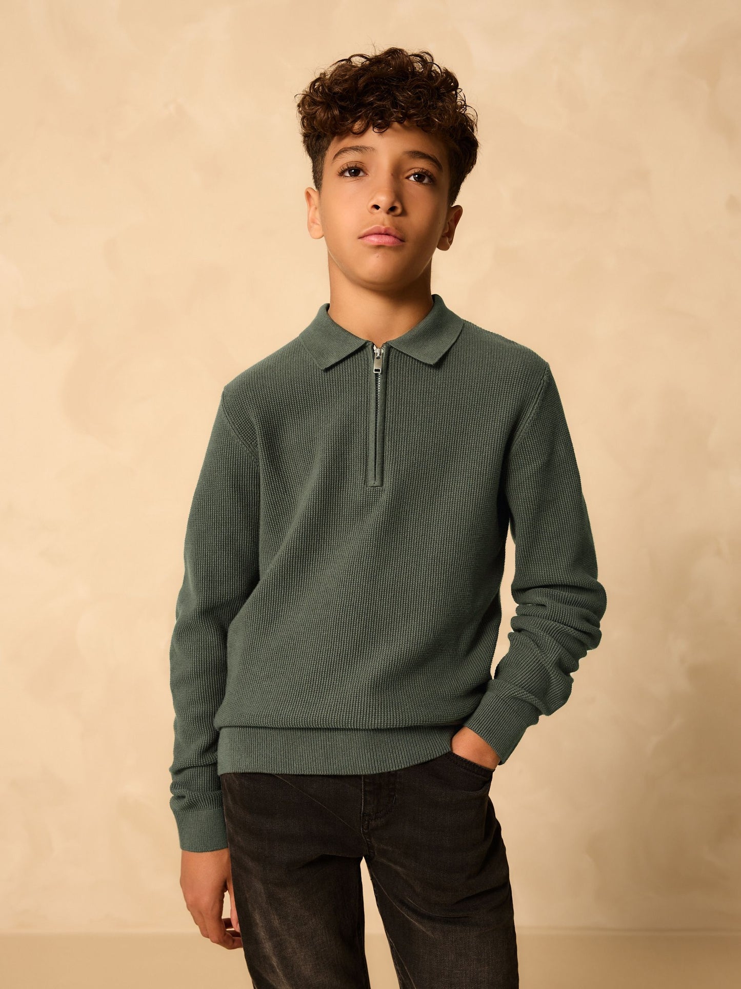 Dsiney Kidz - Green Long Sleeve Zip Neck Knitted Polo Shirt (3-16yrs) image 1