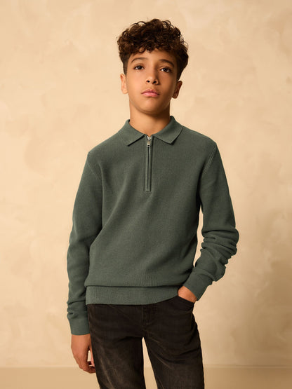 Dsiney Kidz - Green Long Sleeve Zip Neck Knitted Polo Shirt (3-16yrs) image 1