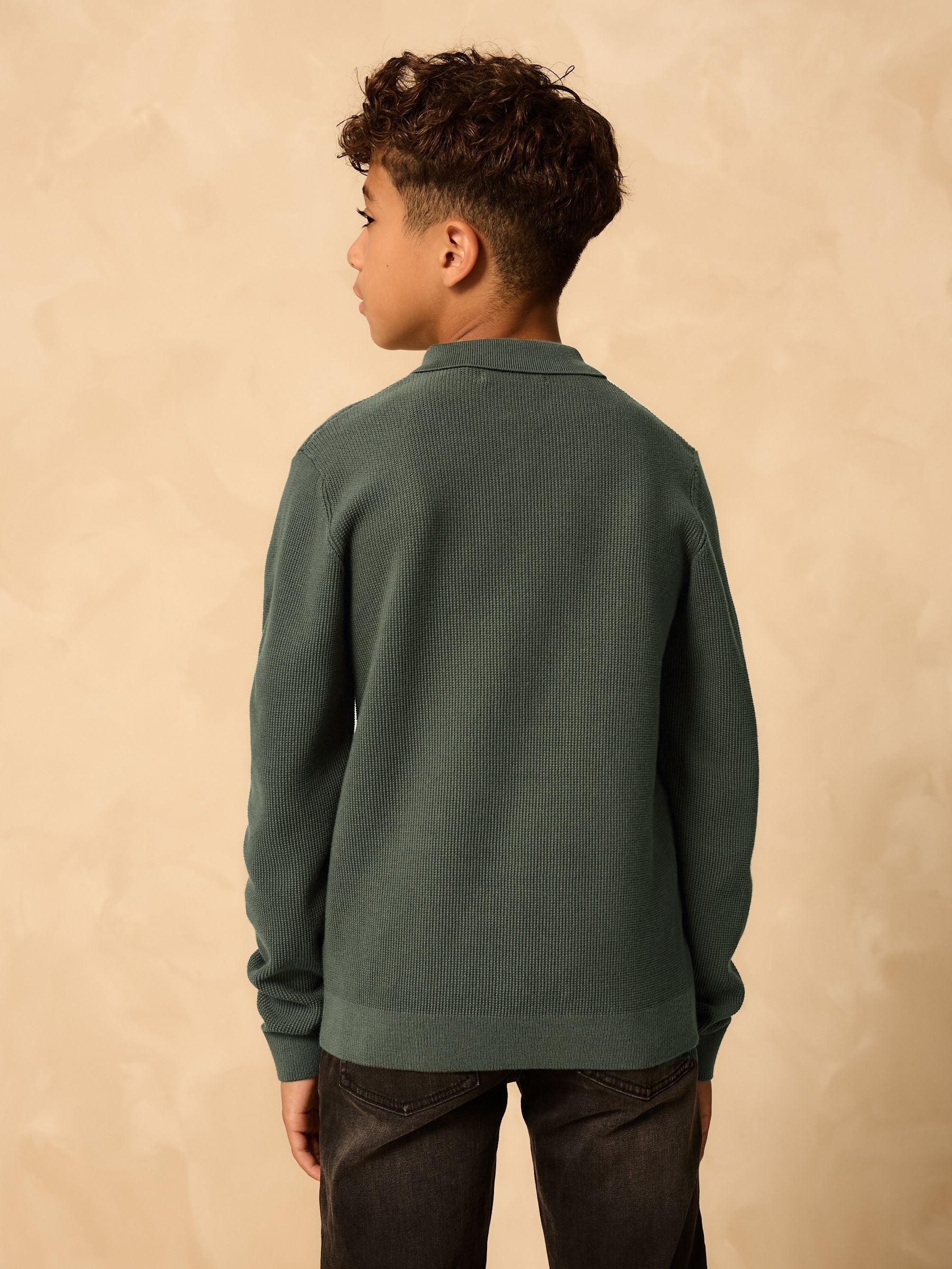 Dsiney Kidz - Green Long Sleeve Zip Neck Knitted Polo Shirt (3-16yrs) image 2