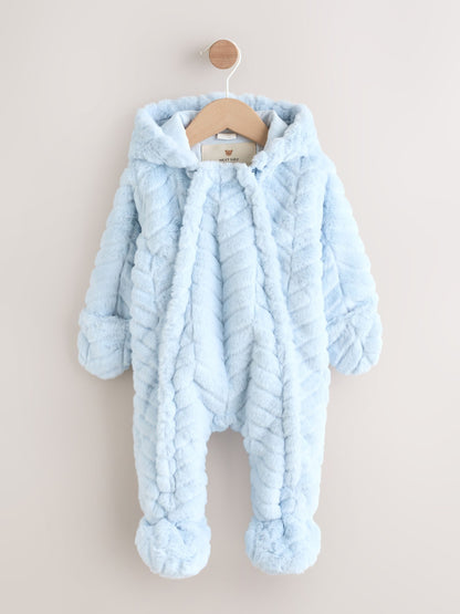 Blue Baby Faux Fur Hooded Pramsuit (0mths-2yrs)