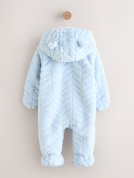 Blue Baby Faux Fur Hooded Pramsuit (0mths-2yrs)